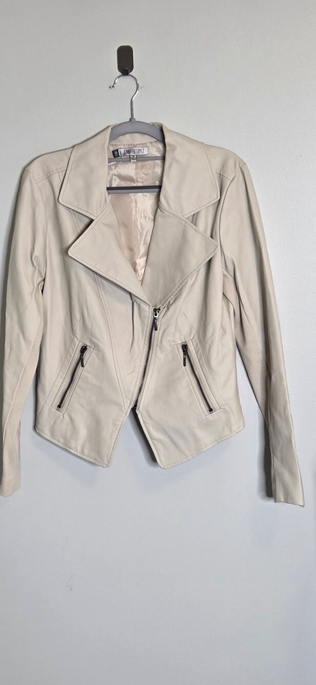 Jennifer Lopez Womens Angle Zip Jacket Faux Leather Zip Pockets Lined